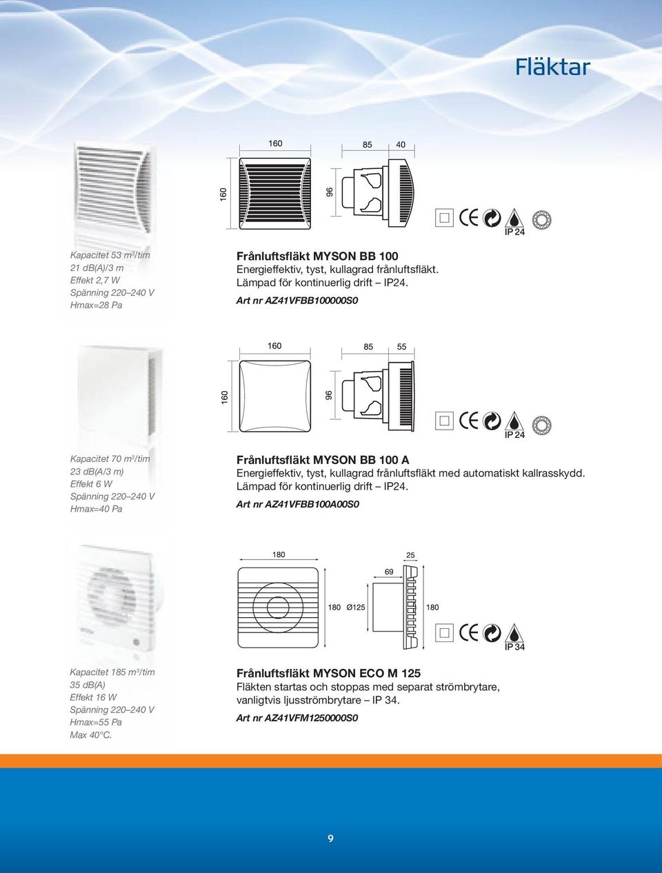 Art nr AZ41VFBB100000S0 IP 24 Kapacitet 70 m 3 /tim 23 db(a/3 m) Effekt 6 W Spänning 220 240 V Hmax=40 Pa Frånluftsfläkt MYSON BB 100 A Energieffektiv, tyst, kullagrad