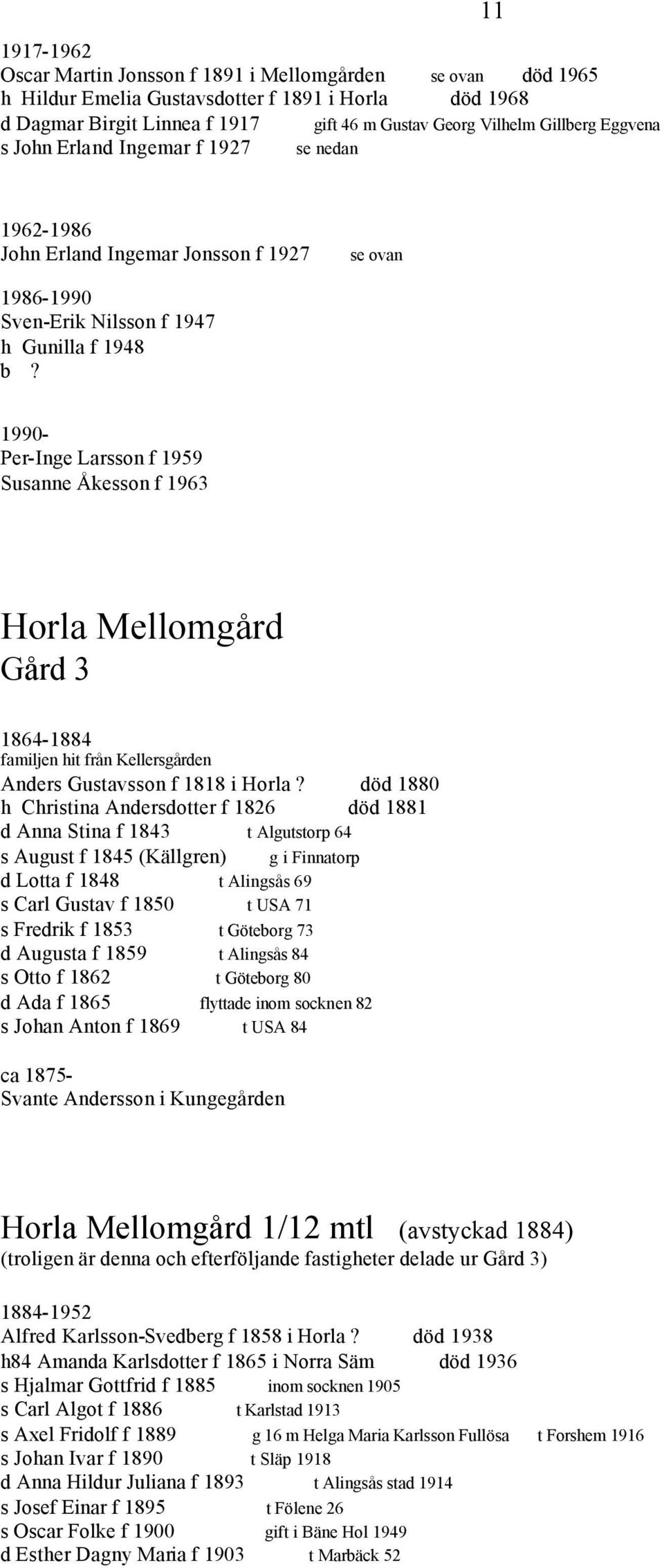 1990- Per-Inge Larsson f 1959 Susanne Åkesson f 1963 Horla Mellomgård Gård 3 1864-1884 familjen hit från Kellersgården Anders Gustavsson f 1818 i Horla?