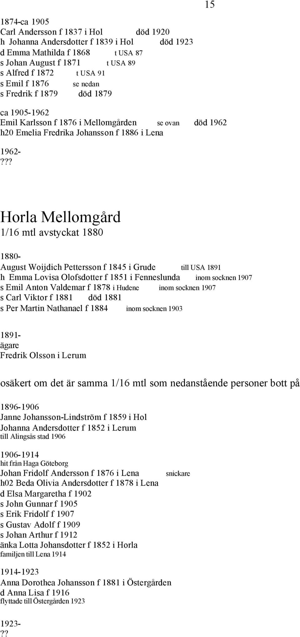 ?? Horla Mellomgård 1/16 mtl avstyckat 1880 1880- August Woijdich Pettersson f 1845 i Grude till USA 1891 h Emma Lovisa Olofsdotter f 1851 i Fenneslunda inom socknen 1907 s Emil Anton Valdemar f 1878