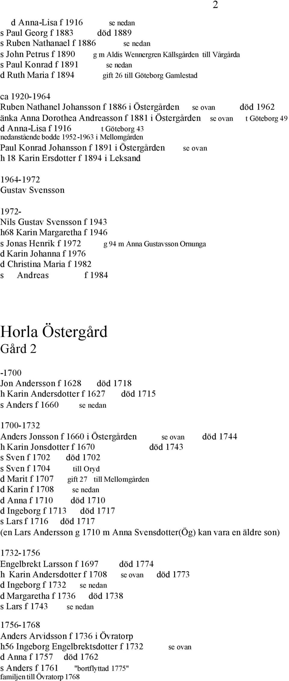 Göteborg 43 nedanstående bodde 1952-1963 i Mellomgården Paul Konrad Johansson f 1891 i Östergården h 18 Karin Ersdotter f 1894 i Leksand 1964-1972 Gustav Svensson 1972- Nils Gustav Svensson f 1943