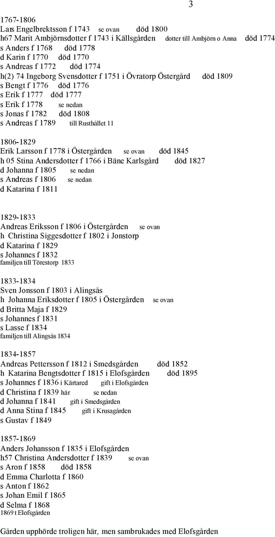 11 1806-1829 Erik Larsson f 1778 i Östergården död 1845 h 05 Stina Andersdotter f 1766 i Bäne Karlsgård död 1827 d Johanna f 1805 se nedan s Andreas f 1806 se nedan d Katarina f 1811 3 1829-1833