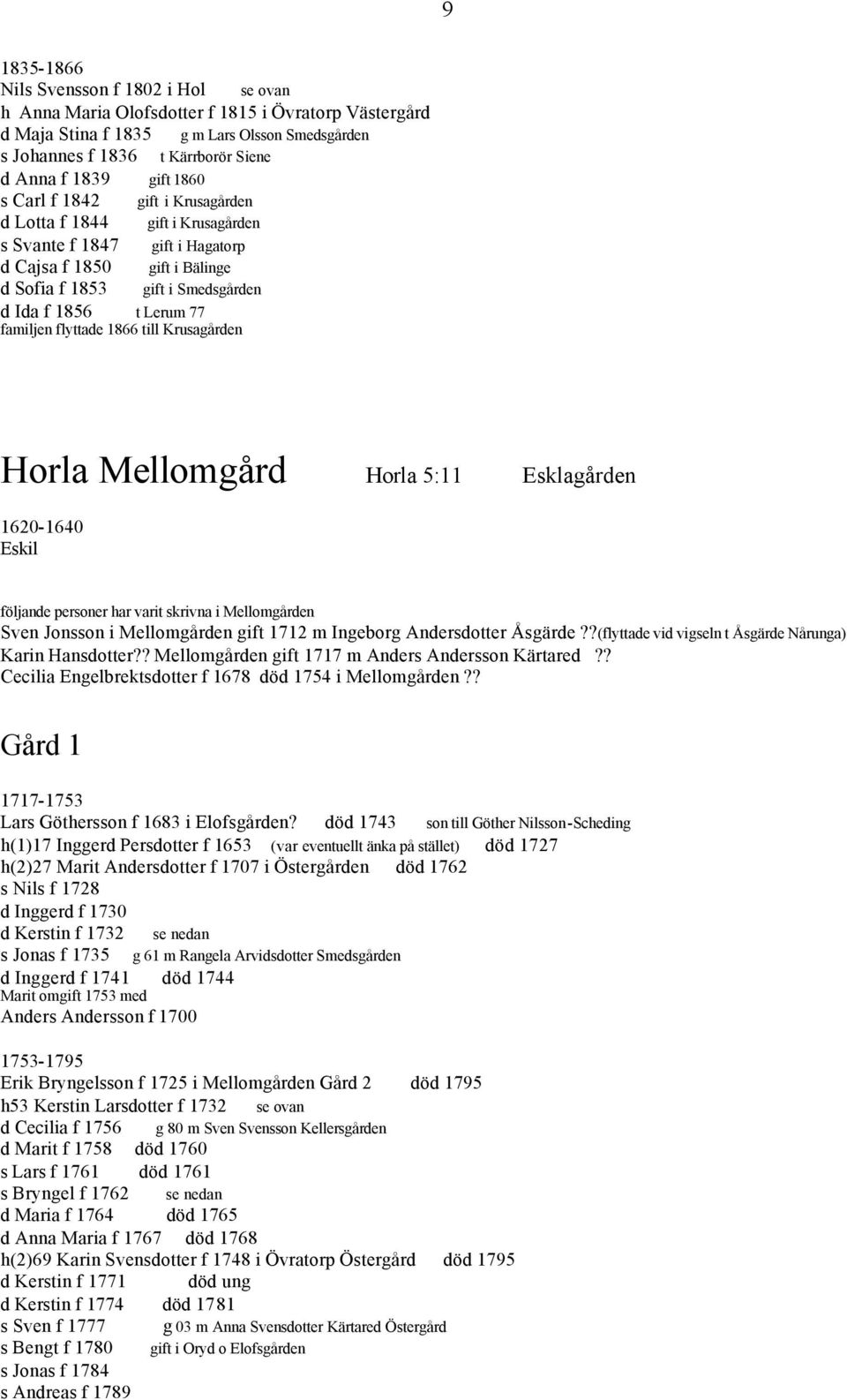 familjen flyttade 1866 till Krusagården Horla Mellomgård Horla 5:11 Esklagården 1620-1640 Eskil följande personer har varit skrivna i Mellomgården Sven Jonsson i Mellomgården gift 1712 m Ingeborg