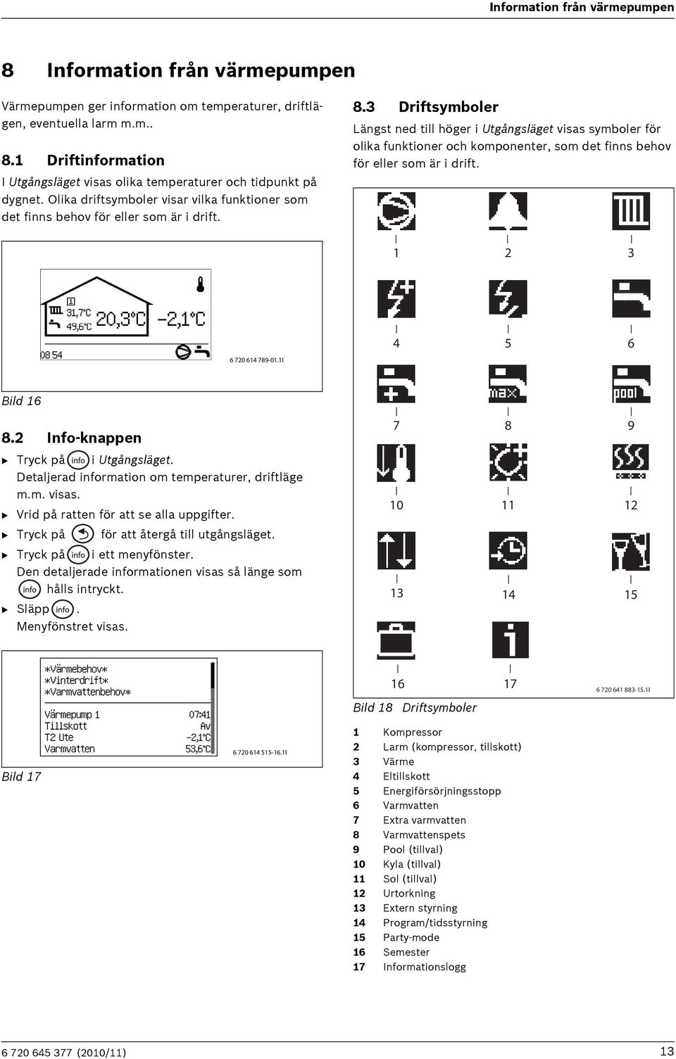 3 Driftsymboler Längst ned till höger i Utgångsläget visas symboler för olika funktioner och komponenter, som det finns behov för eller som är i drift. 1 2 3 6 720 614 789-01.1I 4 5 6 Bild 16 8.