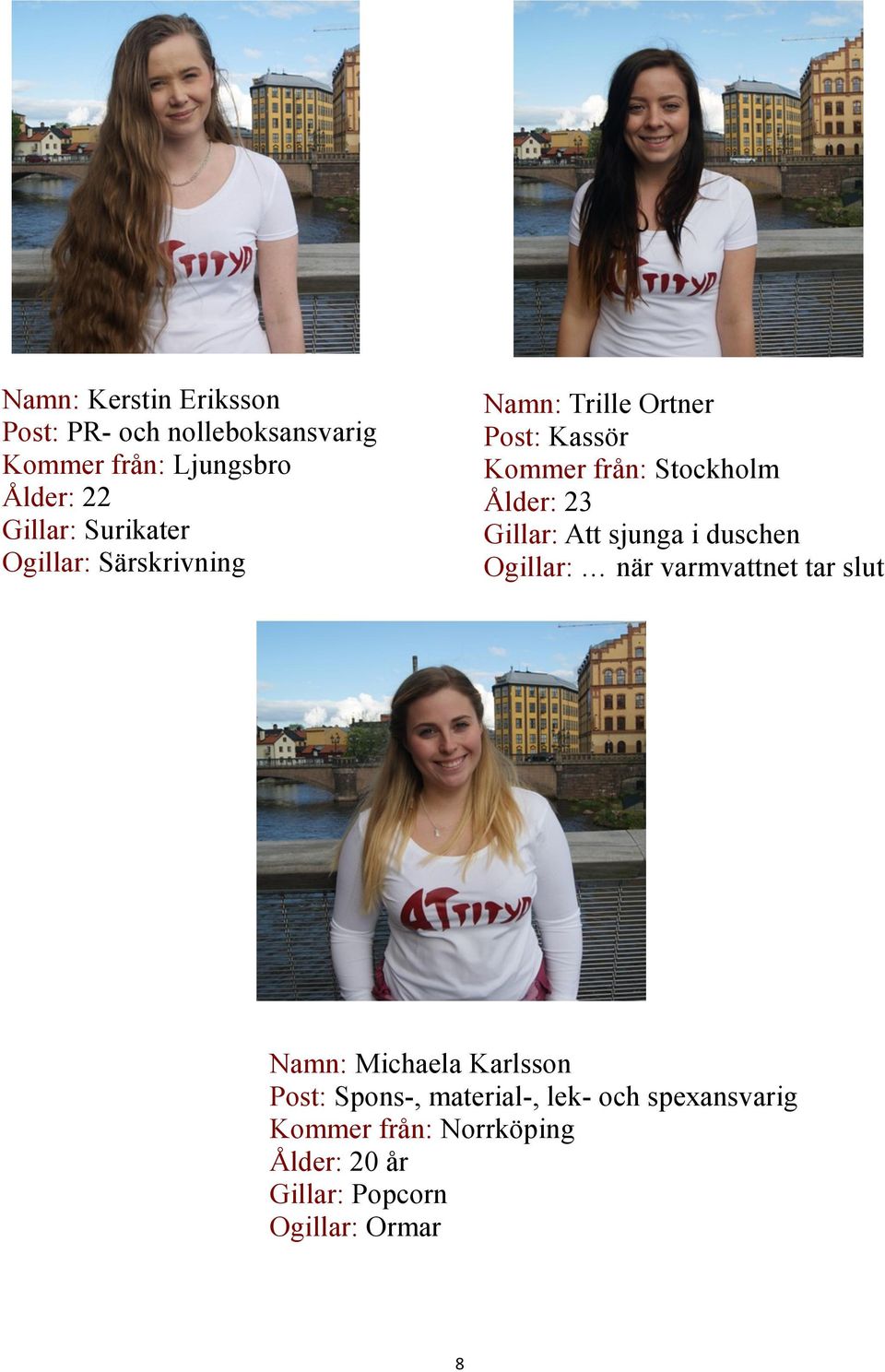 Gillar: Att sjunga i duschen Ogillar: när varmvattnet tar slut Namn: Michaela Karlsson Post: