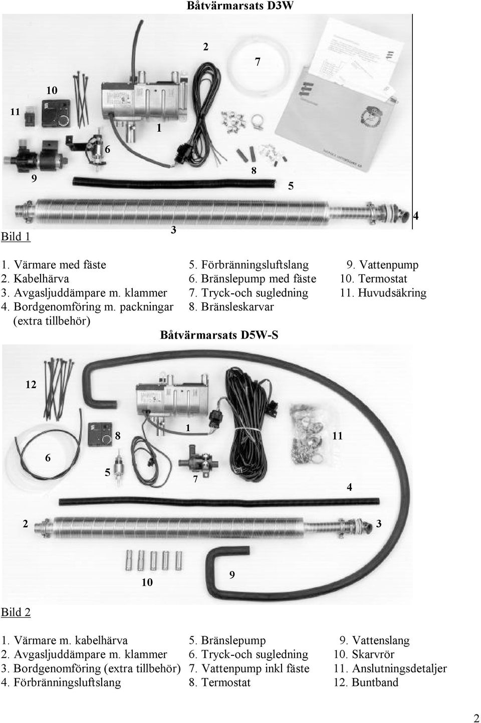 Bränsleskarvar (extra tillbehör) Båtvärmarsats D5W-S 12 8 1 11 6 5 7 4 2 3 10 9 Bild 2 1. Värmare m. kabelhärva 5. Bränslepump 9. Vattenslang 2.