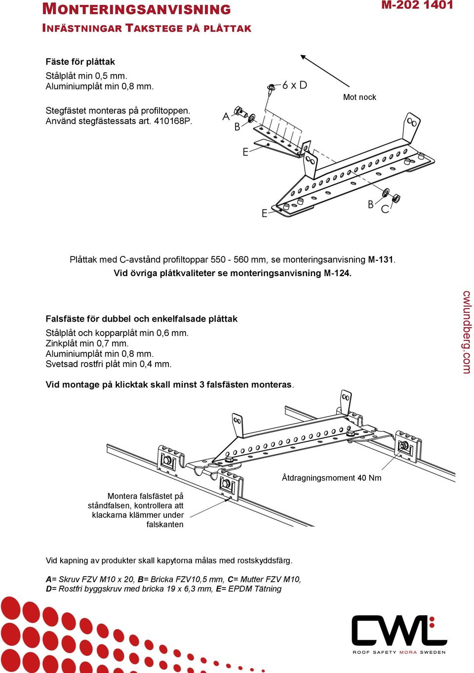 Falsfäste för dubbel och enkelfalsade plåttak Stålplåt och kopparplåt min 0,6 mm. Zinkplåt min 0,7 mm. Aluminiumplåt min 0,8 mm. Svetsad rostfri plåt min 0,4 mm.