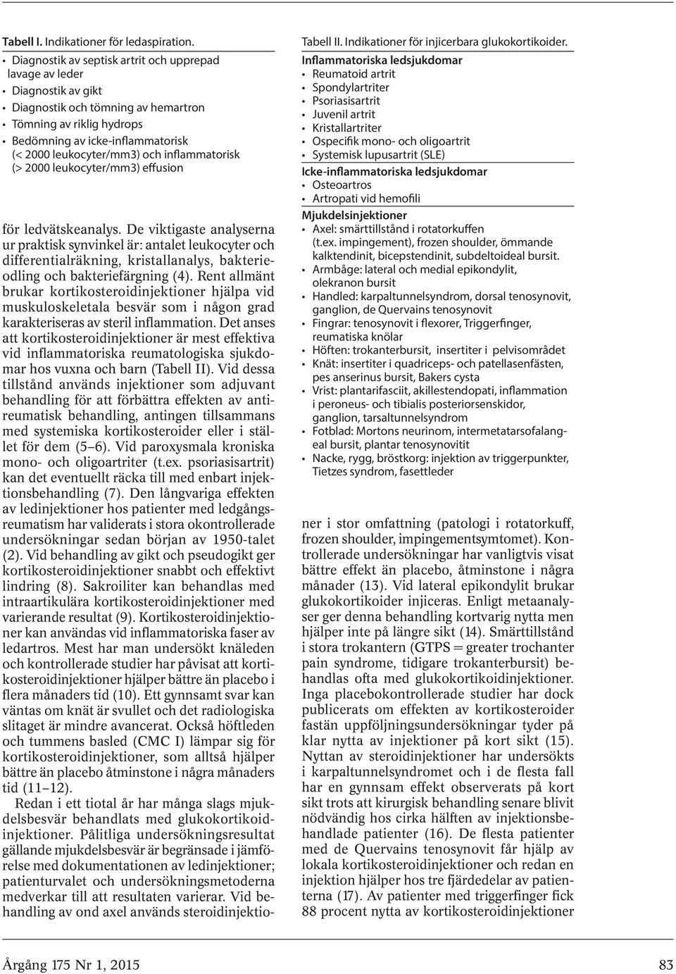 inflammatorisk (> 2000 leukocyter/mm3) effusion Tabell II. Indikationer för injicerbara glukokortikoider.