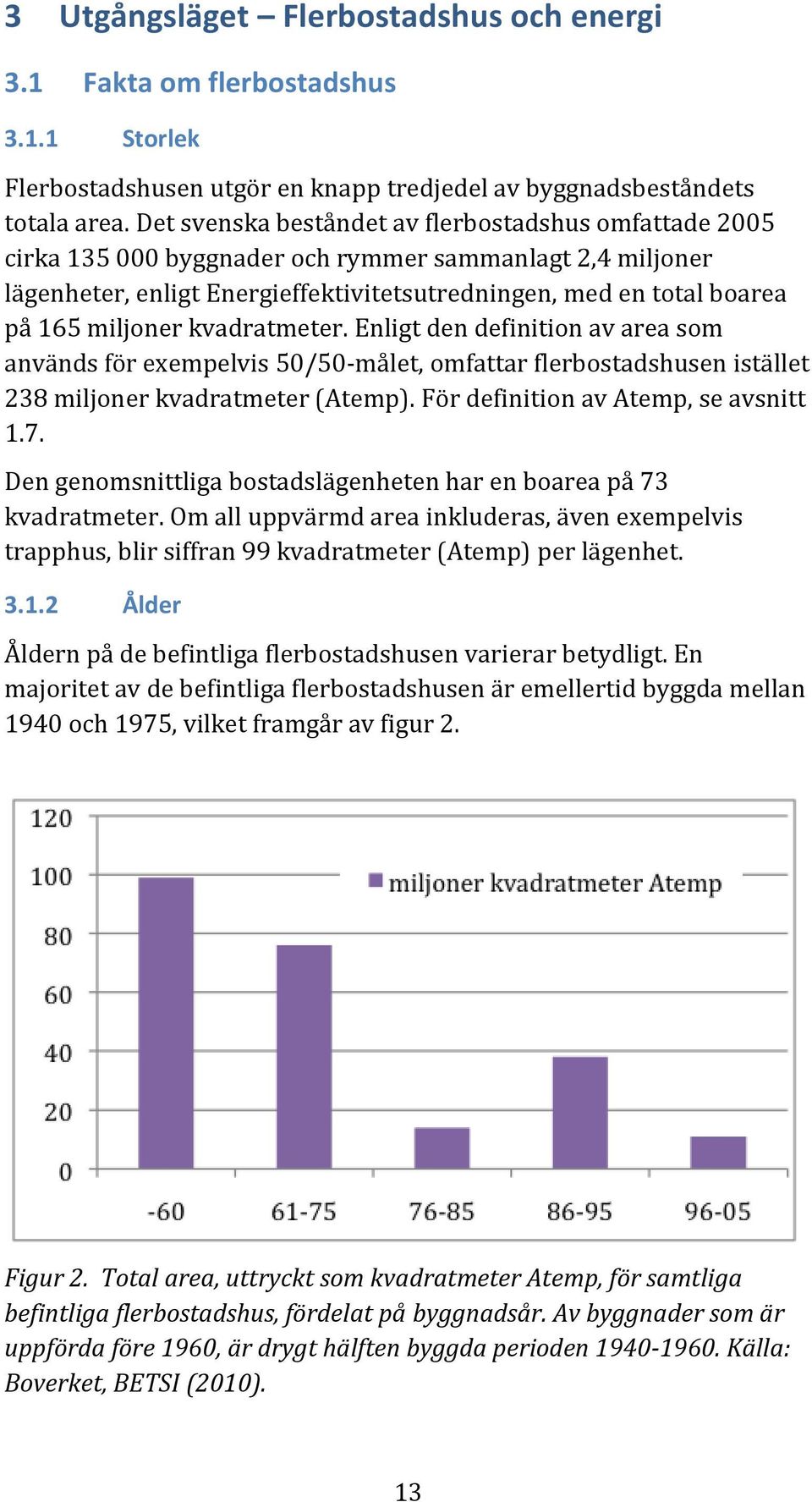 miljoner kvadratmeter. Enligt den definition av area som används för exempelvis 50/50-målet, omfattar flerbostadshusen istället 238 miljoner kvadratmeter (Atemp).