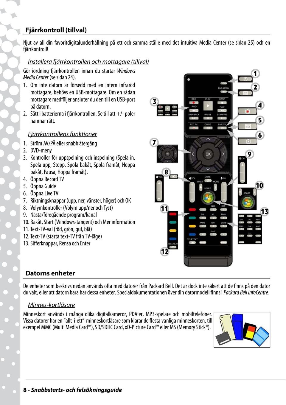 Om inte datorn är försedd med en intern infraröd mottagare, behövs en USB-mottagare. Om en sådan mottagare medföljer ansluter du den till en USB-port på datorn. 2.