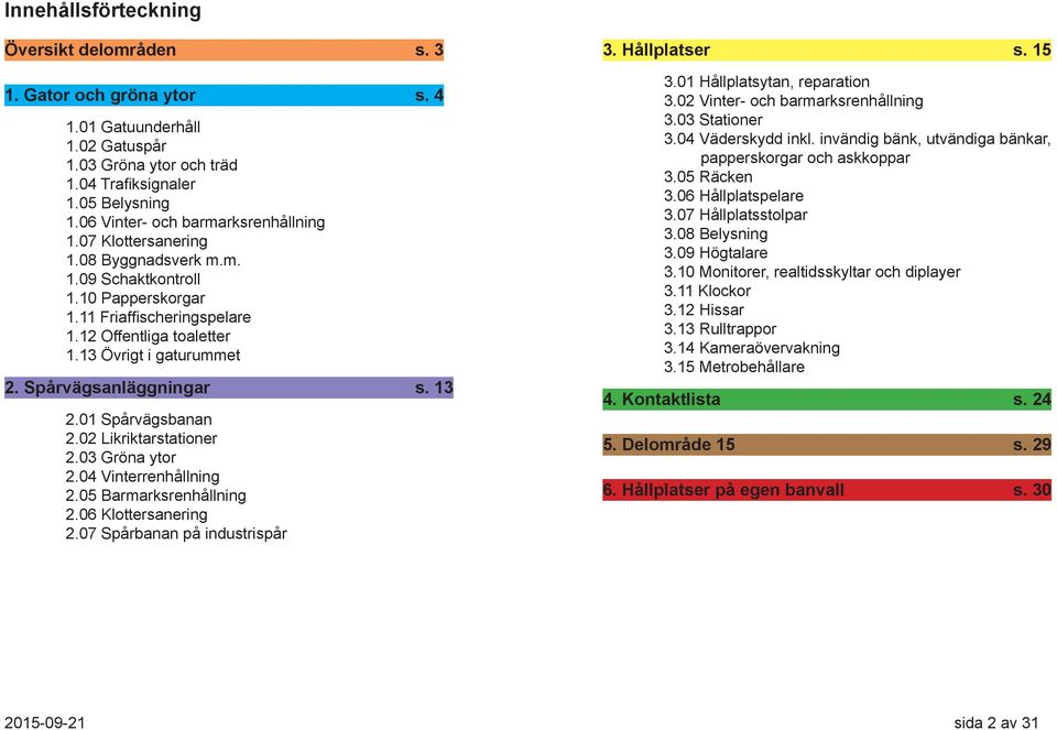 Spårvägsanläggningar s. 13 2.01 Spårvägsbanan 2.02 Likriktarstationer 2.03 Gröna ytor 2.04 Vinterrenhållning 2.05 Barmarksrenhållning 2.06 Klottersanering 2.07 Spårbanan på industrispår 3.