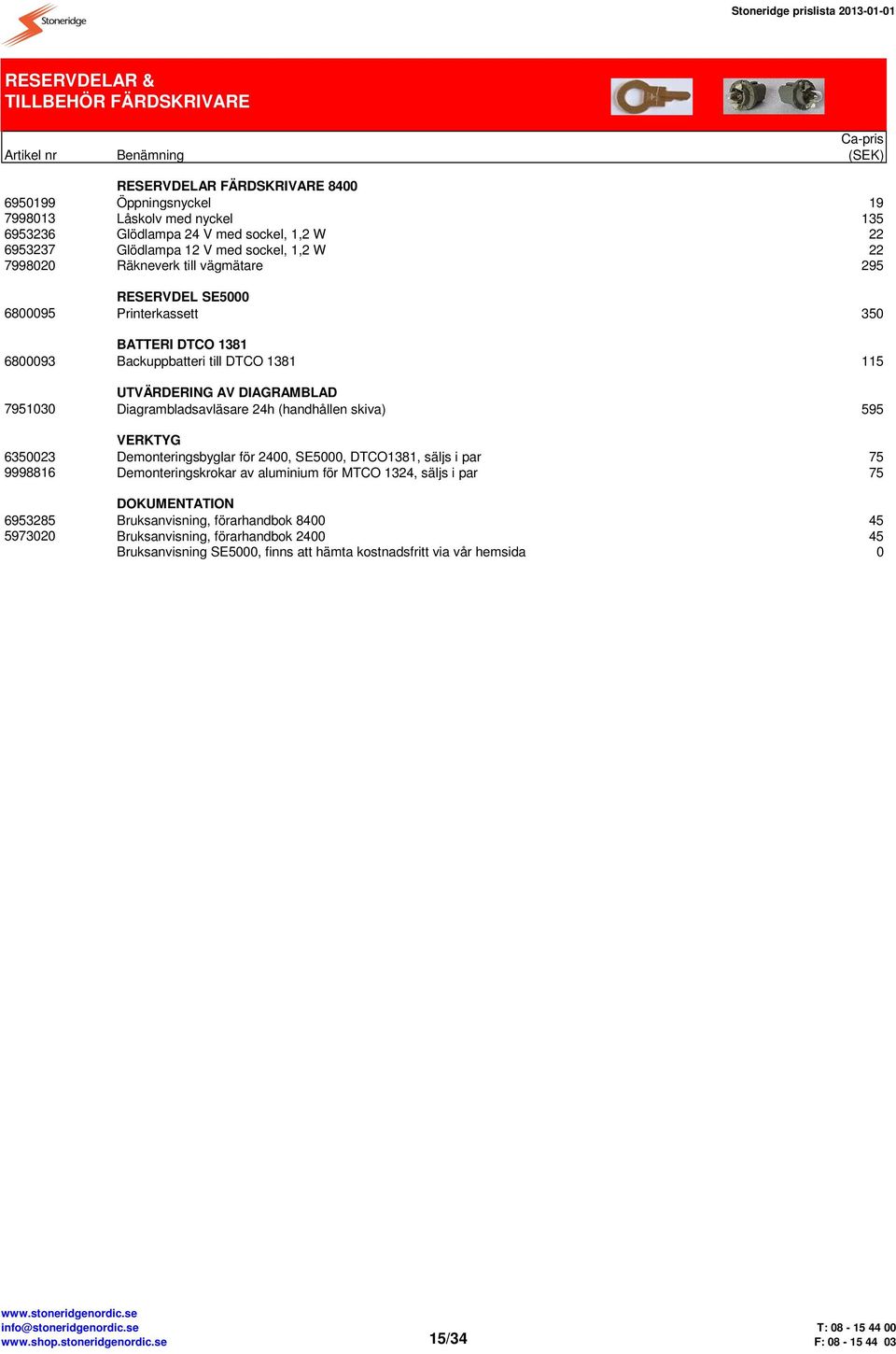 Diagrambladsavläsare 24h (handhållen skiva) 595 VERKTYG 6350023 Demonteringsbyglar för 2400, SE5000, DTCO1381, säljs i par 75 9998816 Demonteringskrokar av aluminium för MTCO 1324, säljs i par 75