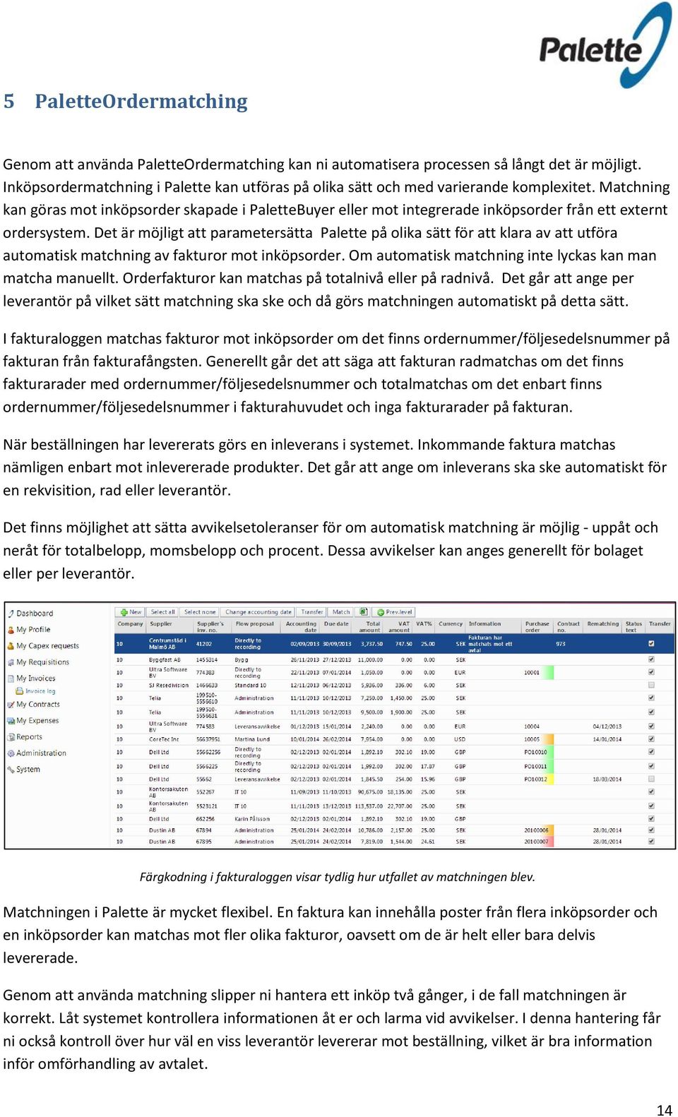 Matchning kan göras mot inköpsorder skapade i PaletteBuyer eller mot integrerade inköpsorder från ett externt ordersystem.