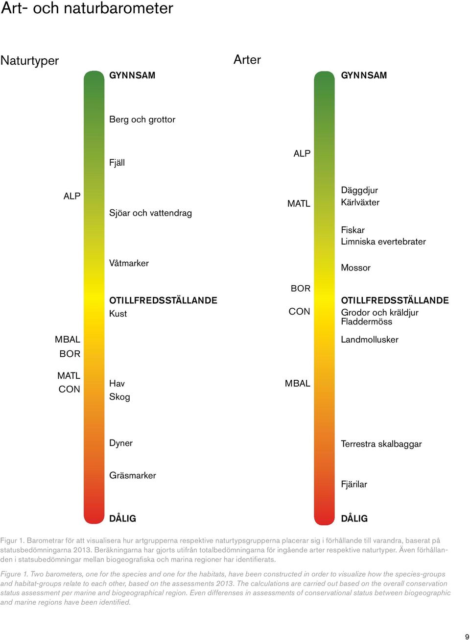 Barometrar för att visualisera hur artgrupperna respektive naturtypsgrupperna placerar sig i förhållande till varandra, baserat på statusbedömningarna.