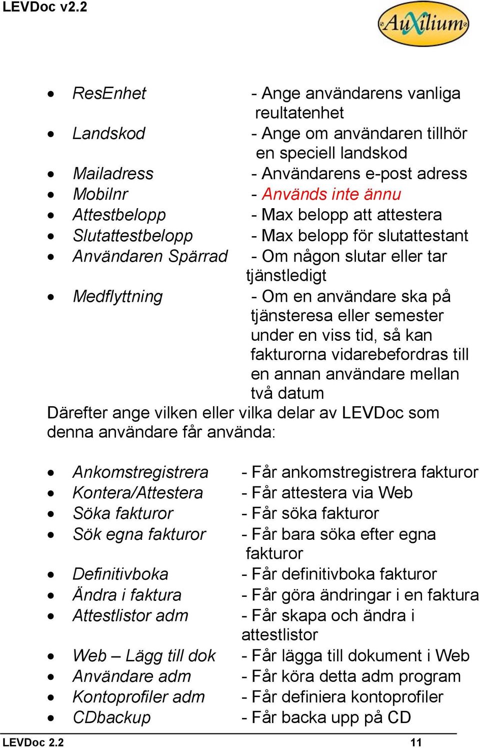 en viss tid, så kan fakturorna vidarebefordras till en annan användare mellan två datum Därefter ange vilken eller vilka delar av LEVDoc som denna användare får använda: Ankomstregistrera - Får