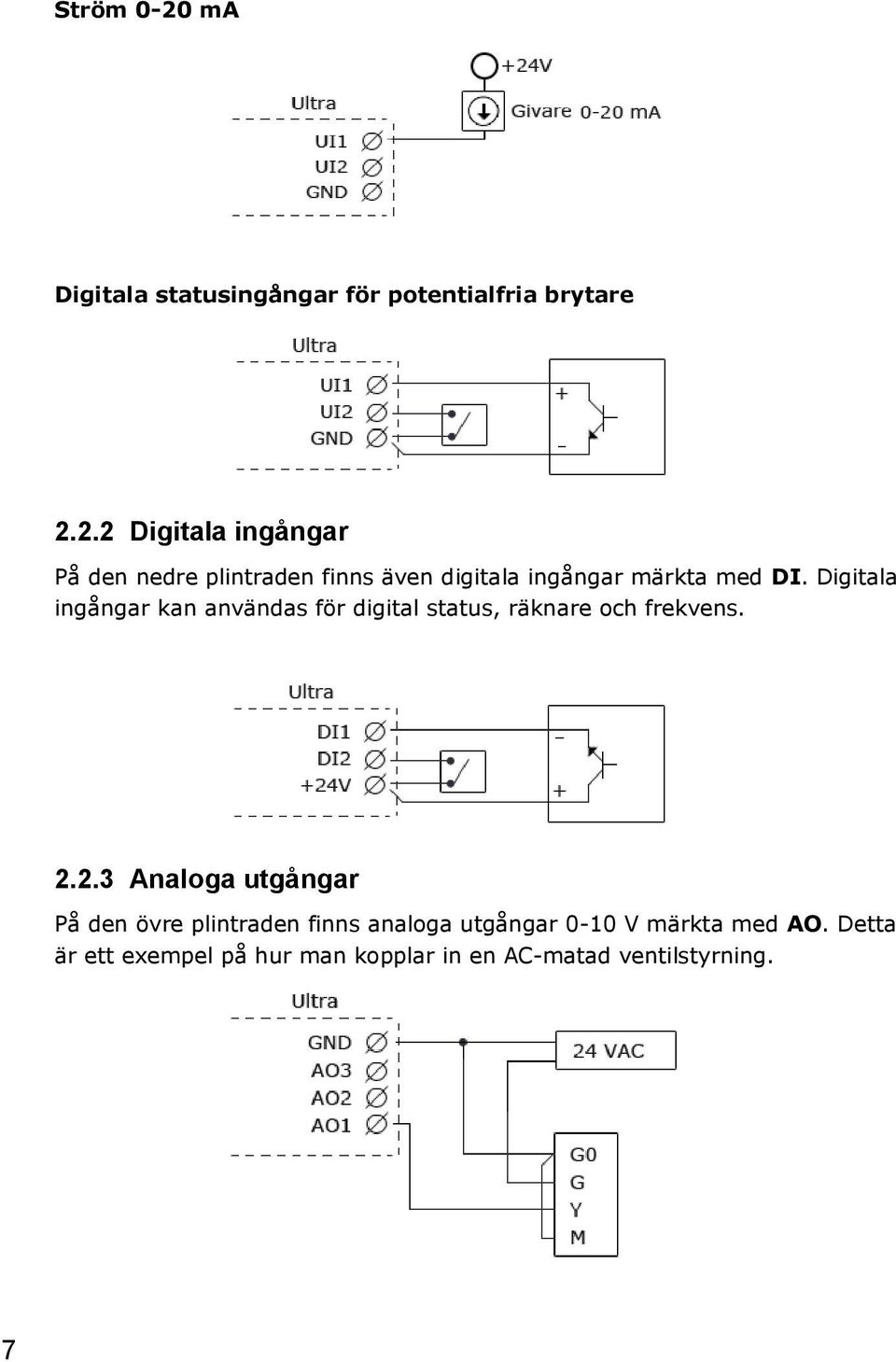 2.3 Analoga utgångar På den övre plintraden finns analoga utgångar 0-10 V märkta med AO.