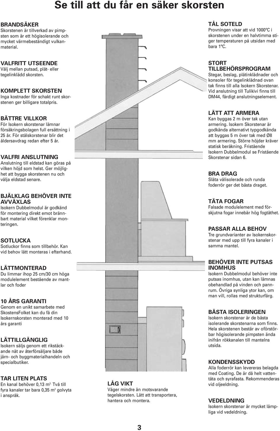 KOMPLETT SKORSTEN Inga kostnader för schakt runt skorstenen ger billigare totalpris. BÄTTRE VILLKOR För Isokern skorstenar lämnar försäkringsbolagen full ersättning i 25 år.
