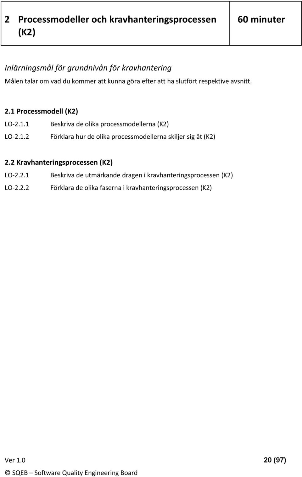 2 Kravhanteringsprcessen (K2) LO-2.2.1 Beskriva de utmärkande dragen i kravhanteringsprcessen (K2) LO-2.2.2 Förklara de lika faserna i kravhanteringsprcessen (K2) Ver 1.