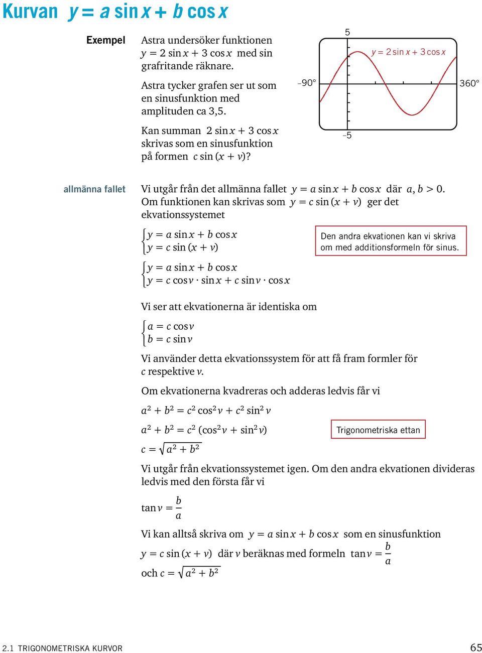 Om funktionen kan skrivas som = c sin ( + v) ger det ekvationssstemet = a sin + b cos = c sin ( + v) = a sin + b cos = c cos v sin + c sin v cos Den andra ekvationen kan vi skriva om med