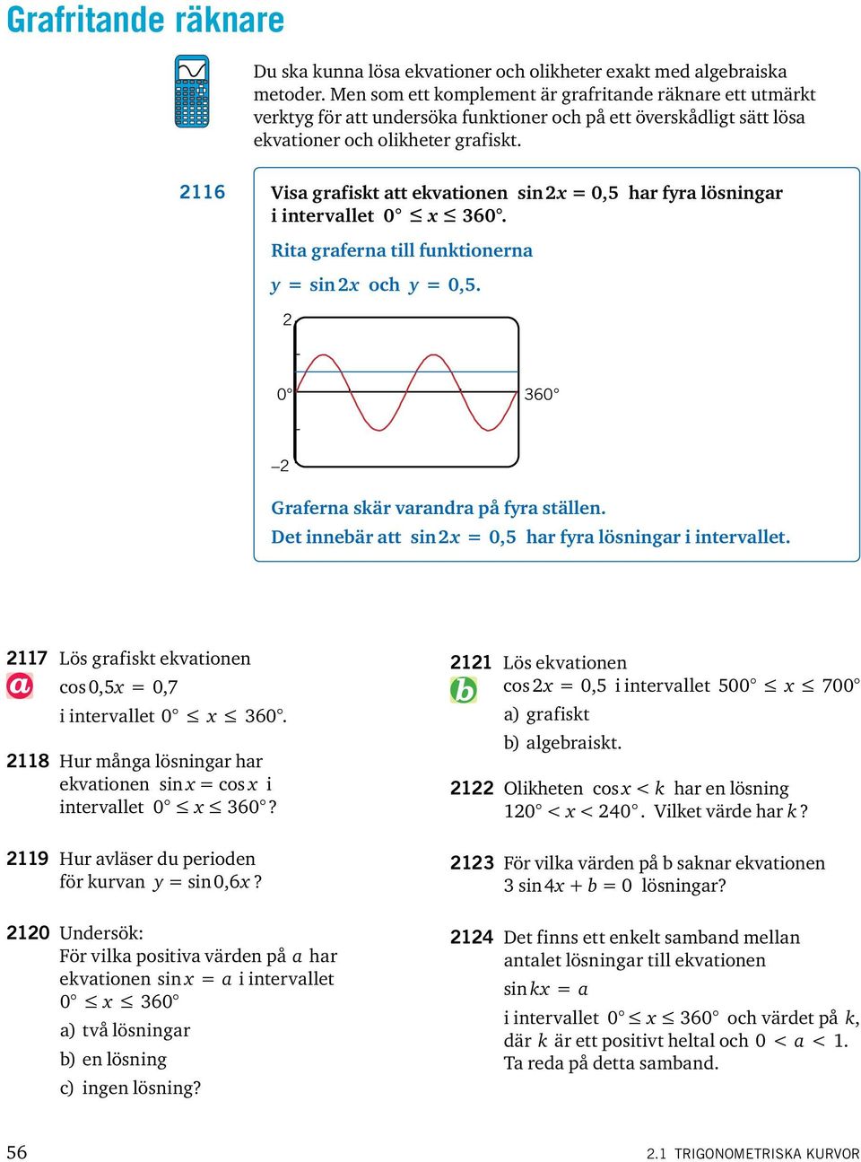 6 Visa grafiskt att ekvationen sin = 0,5 har fra lösningar i intervallet 0 360. Rita graferna till funktionerna = sin och = 0,5. 0 360 Graferna skär varandra på fra ställen.