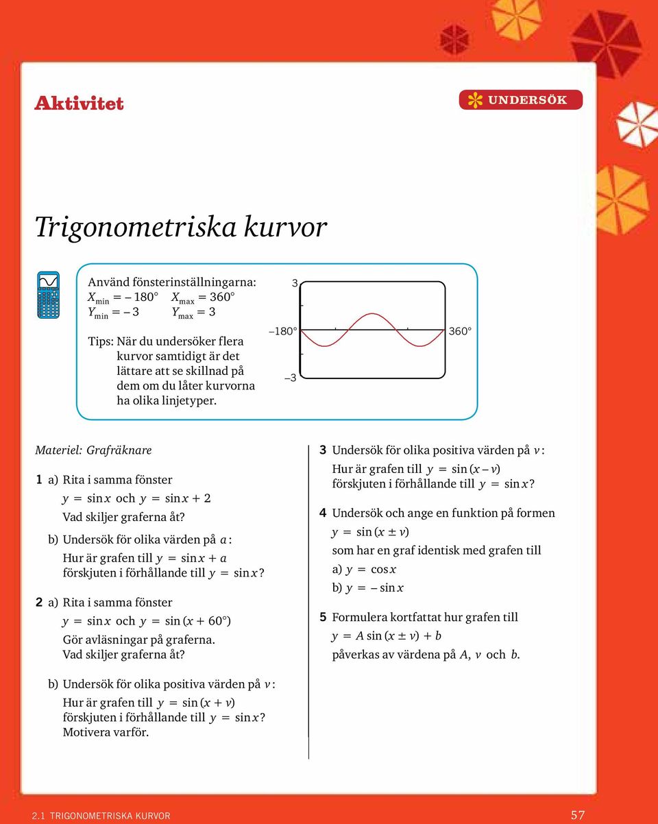 b) Undersök för olika värden på a : Hur är grafen till = sin + a förskjuten i förhållande till = sin? a) Rita i samma fönster = sin och = sin ( + 60 ) Gör avläsningar på graferna.