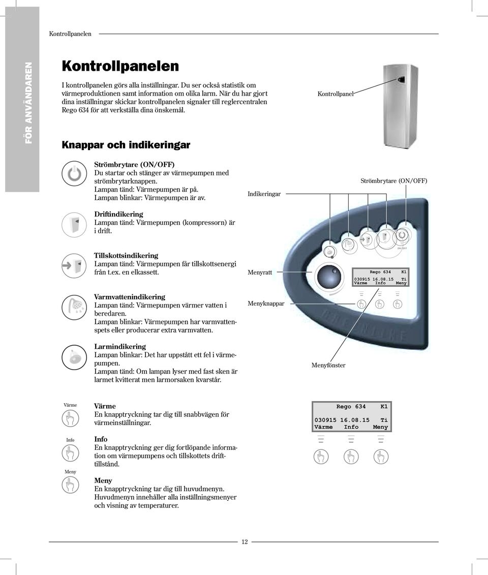 Knappar och indikeringar Kontrollpanel Strömbrytare (ON/OFF) Du startar och stänger av värmepumpen med strömbrytarknappen. Lampan tänd: Värmepumpen är på. Lampan blinkar: Värmepumpen är av.