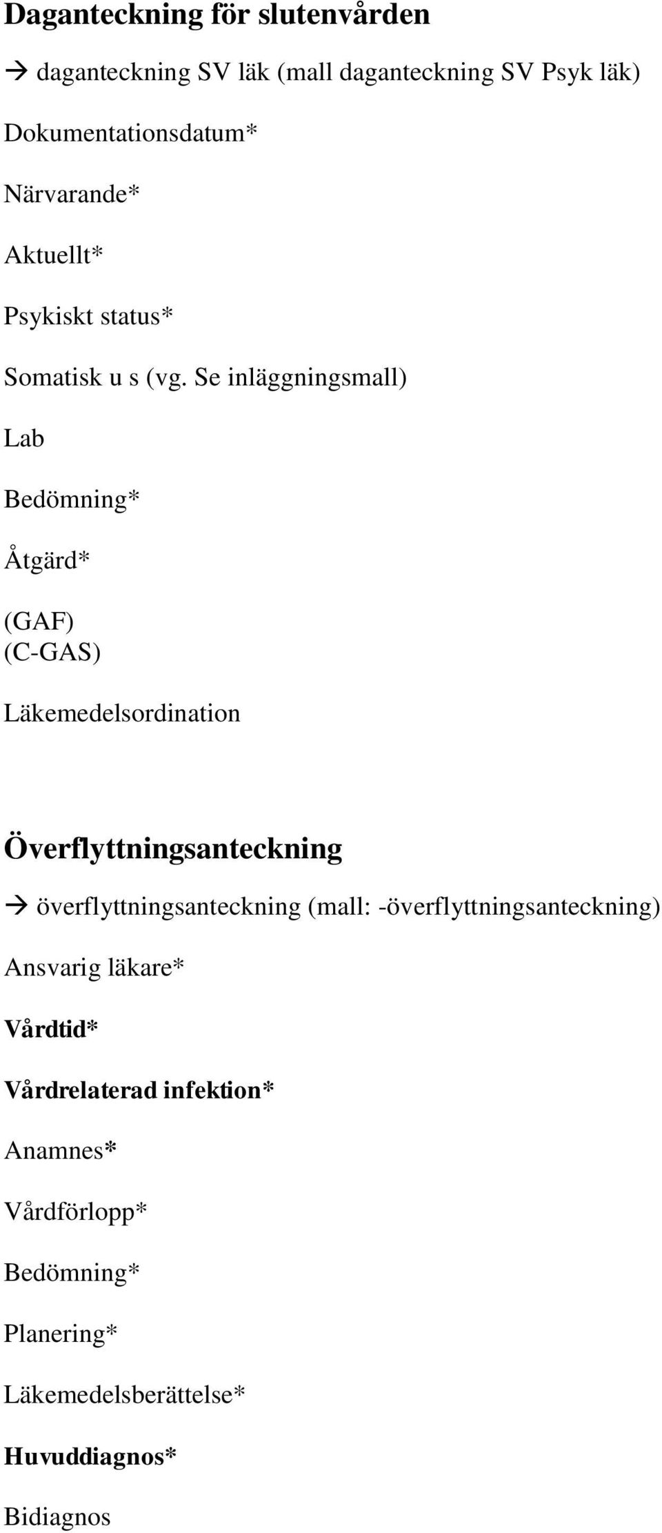 Se inläggningsmall) Lab Åtgärd* (GAF) (C-GAS) Läkemedelsordination Överflyttningsanteckning