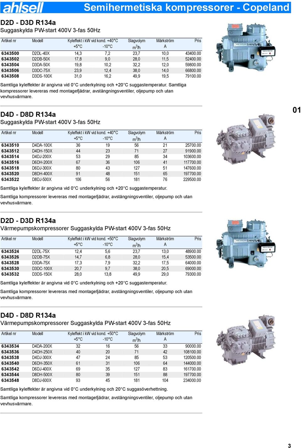 00 6343506 D3DC-75X 23,9 12,4 38,0 14,0 66800.00 6343508 D3DS-100X 31,0 16,2 49,9 19,5 79100.00 Samtliga kyleffekter är angivna vid 0 C underkylning och +20 C suggastemperatur.