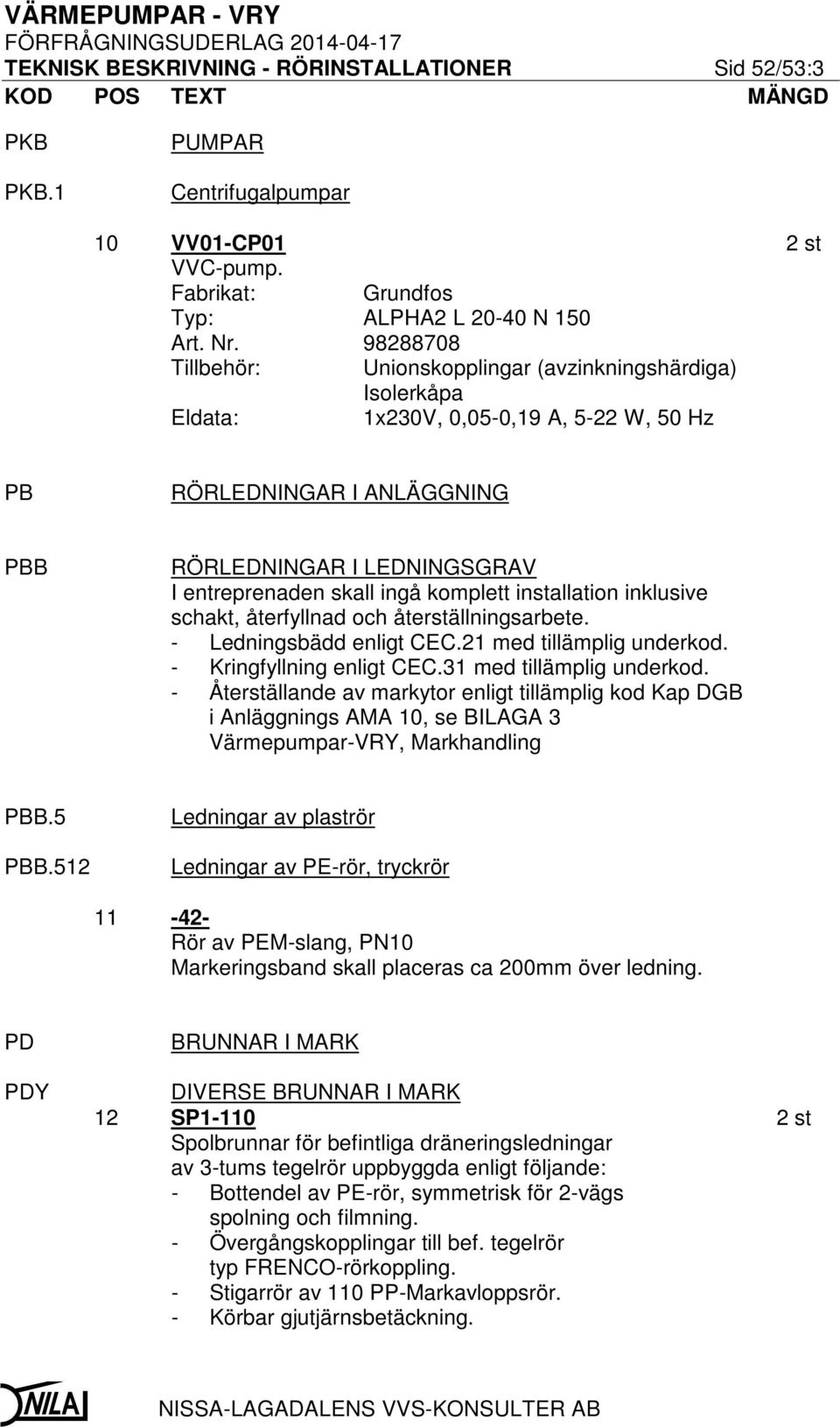 komplett installation inklusive schakt, återfyllnad och återställningsarbete. - Ledningsbädd enligt CEC.21 med tillämplig underkod. - Kringfyllning enligt CEC.31 med tillämplig underkod.