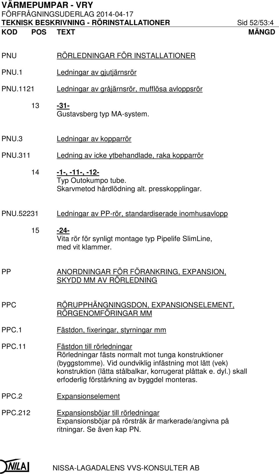 311 Ledningar av kopparrör Ledning av icke ytbehandlade, raka kopparrör 14-1-, -11-, -12- Typ Outokumpo tube. Skarvmetod hårdlödning alt. presskopplingar. PNU.