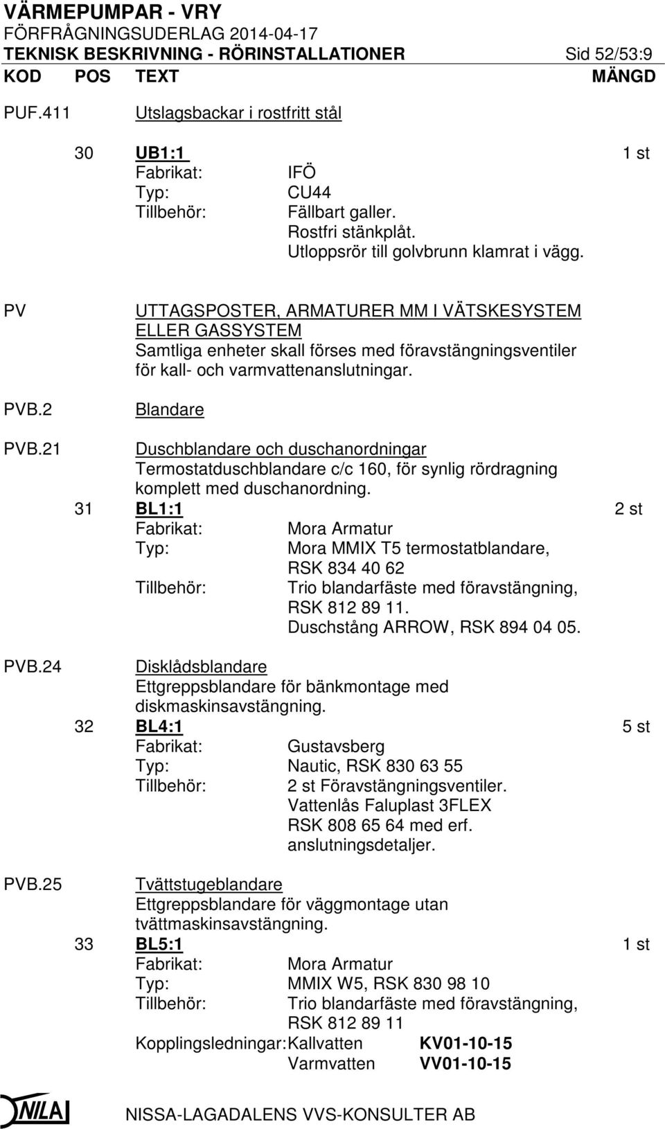 25 UTTAGSPOSTER, ARMATURER MM I VÄTSKESYSTEM ELLER GASSYSTEM Samtliga enheter skall förses med föravstängningsventiler för kall- och varmvattenanslutningar.