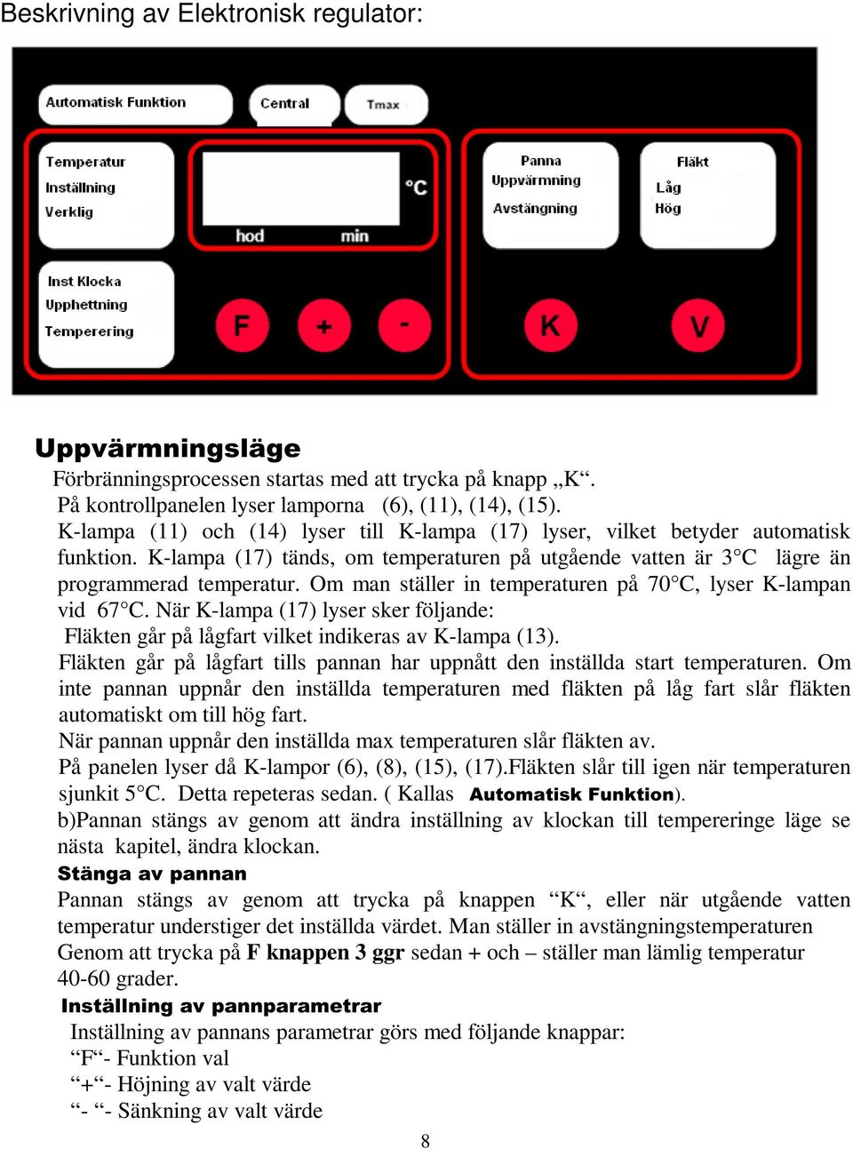 Om man ställer in temperaturen på 70 C, lyser K-lampan vid 67 C. När K-lampa (17) lyser sker följande: Fläkten går på lågfart vilket indikeras av K-lampa (13).