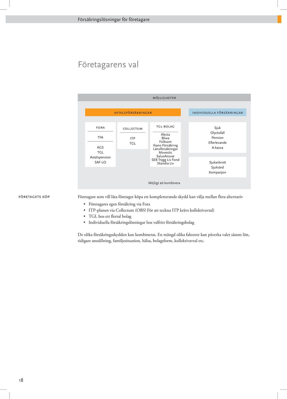 Företagare som vill låta företaget köpa ett kompletterande skydd kan välja mellan flera alternativ Företagares egen försäkring via Fora ITP-planen via Collectum (OBS!