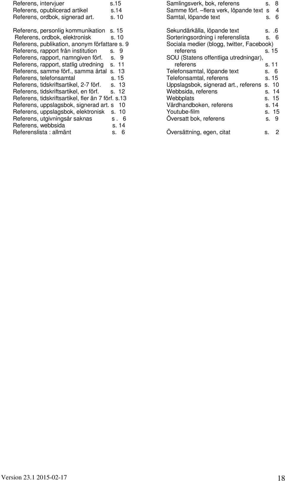 , samma årtal s. 13 Referens, telefonsamtal s. 15 Referens, tidskriftsartikel, 2-7 förf. s. 13 Referens, tidskriftsartikel, en förf. s. 12 Referens, tidskriftsartikel, fler än 7 förf. s.13 Referens, uppslagsbok, signerad art.