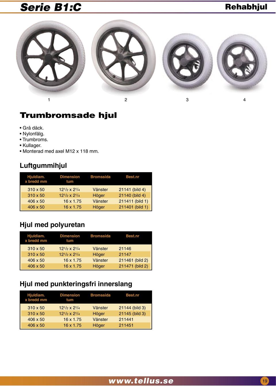 75 Höger 211401 (bild 1) Hjul med polyuretan Hjuldiam. Dimension Bromssida Best.nr x bredd mm tum 310 x 50 12 1 /2 x 2 1 /4 Vänster 21146 310 x 50 12 1 /2 x 2 1 /4 Höger 21147 406 x 50 16 x 1.