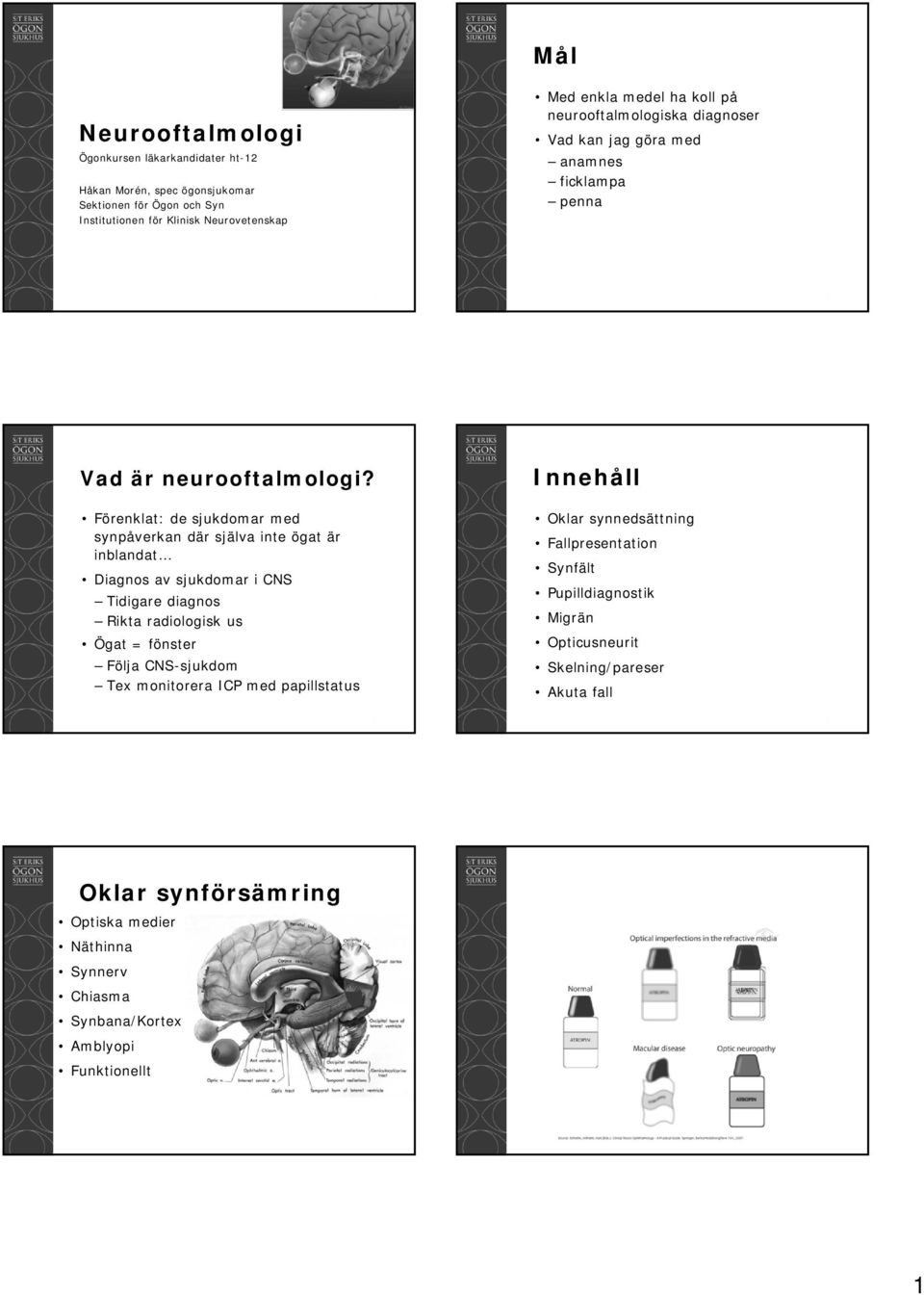 Förenklat: de sjukdomar med synpåverkan där själva inte ögat är inblandat Diagnos av sjukdomar i CNS Tidigare diagnos Rikta radiologisk us Ögat = fönster Följa CNS-sjukdom Tex