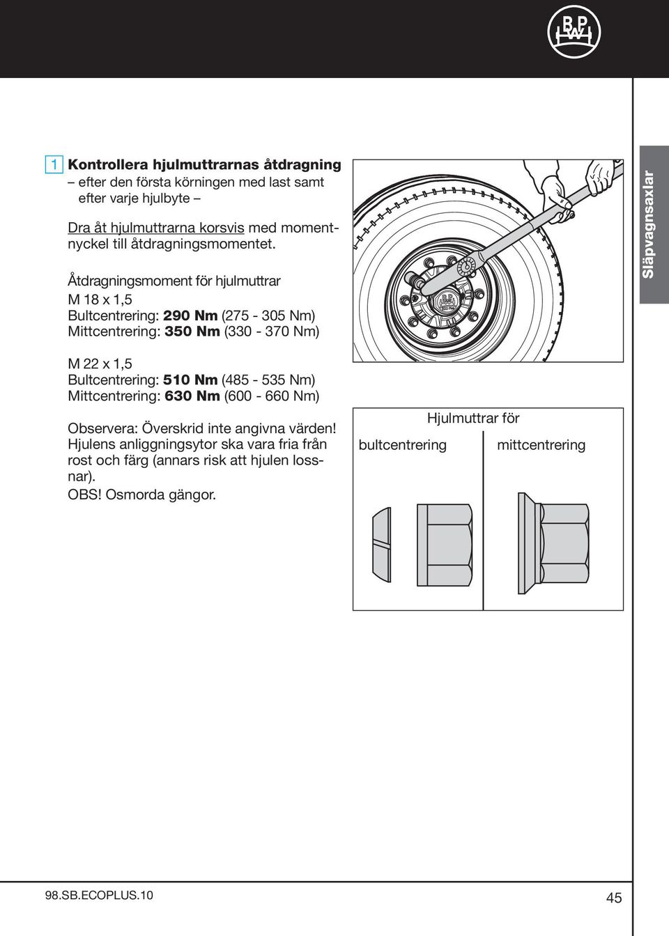 Åtdragningsmoment för hjulmuttrar M 18 x 1,5 Bultcentrering: 290 Nm (275-305 Nm) Mittcentrering: 350 Nm (330-370 Nm) Släpvagnsaxlar M 22 x 1,5