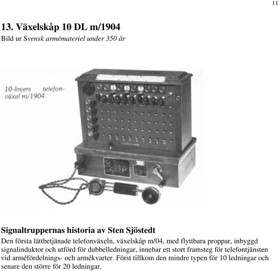 Sjöstedt Den första lättbetjänade telefonväxeln, växelskåp m/04, med flyttbara proppar, inbyggd