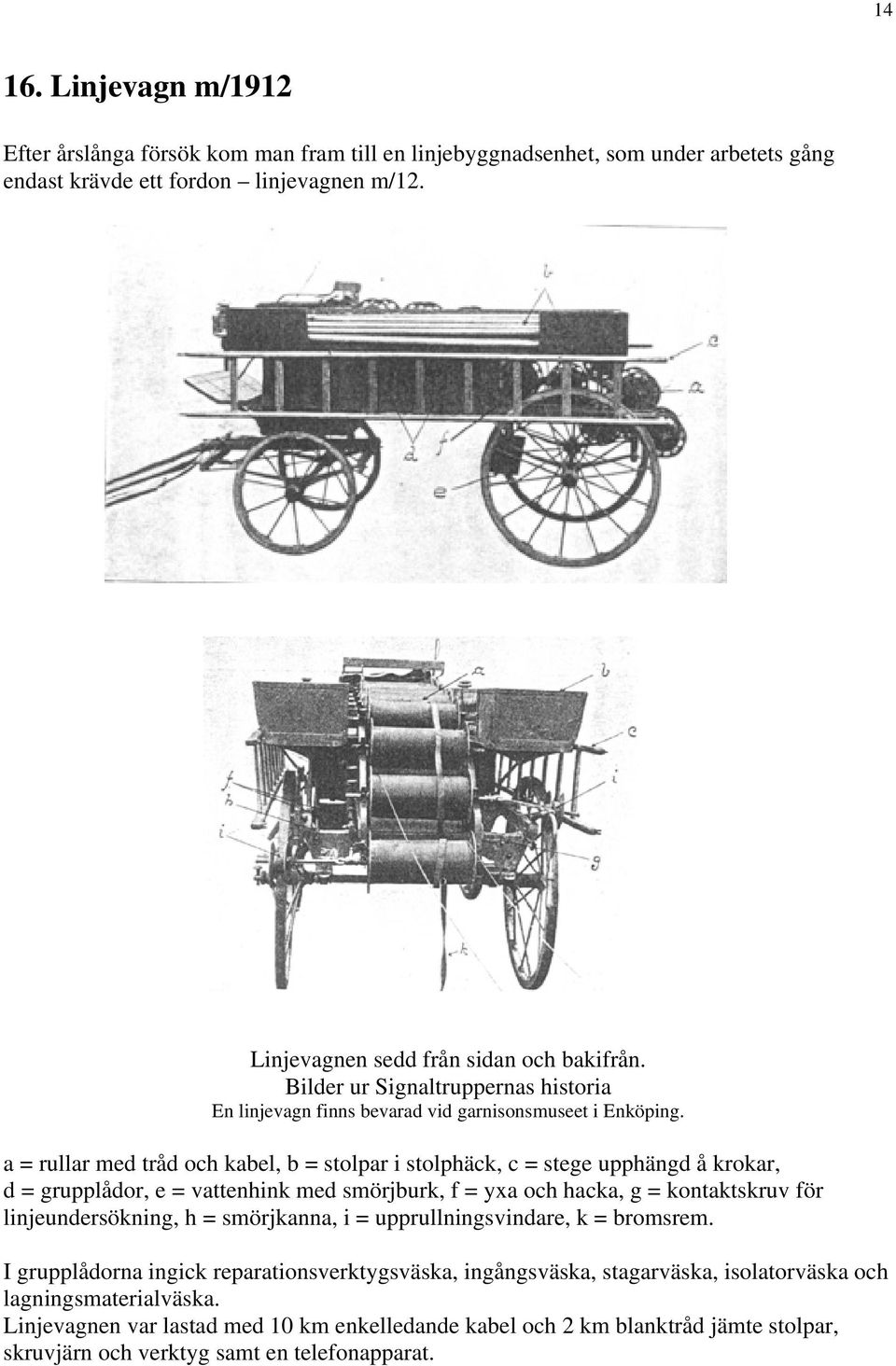 a = rullar med tråd och kabel, b = stolpar i stolphäck, c = stege upphängd å krokar, d = grupplådor, e = vattenhink med smörjburk, f = yxa och hacka, g = kontaktskruv för linjeundersökning, h =