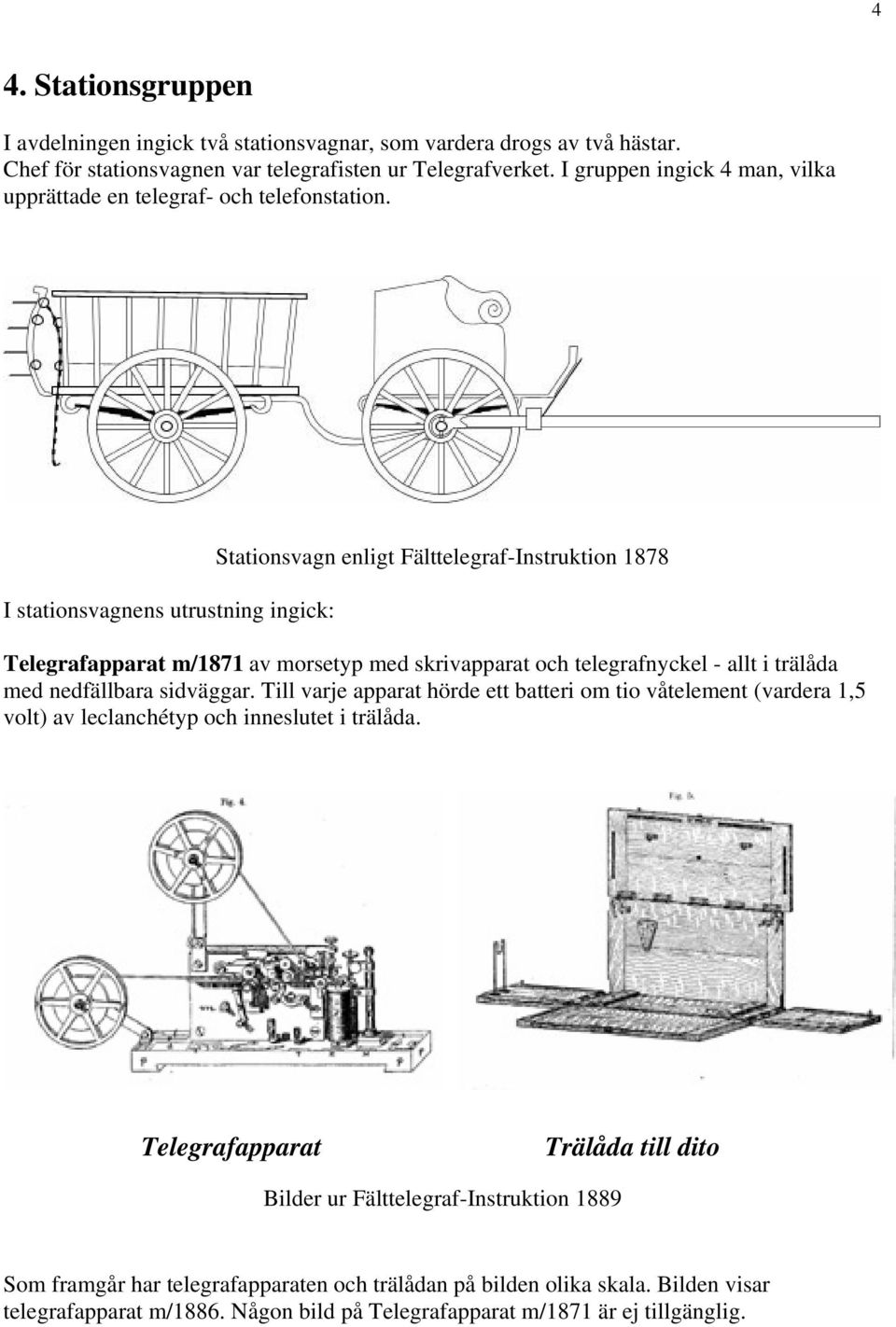 I stationsvagnens utrustning ingick: Stationsvagn enligt Fälttelegraf-Instruktion 1878 Telegrafapparat m/1871 av morsetyp med skrivapparat och telegrafnyckel - allt i trälåda med nedfällbara