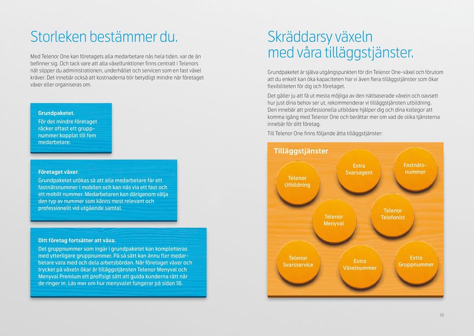 Det innebär också att kostnaderna blir betydligt mindre när företaget växer eller organiseras om. Grundpaketet. För det mindre företaget räcker oftast ett gruppnummer kopplat till fem medarbetare.