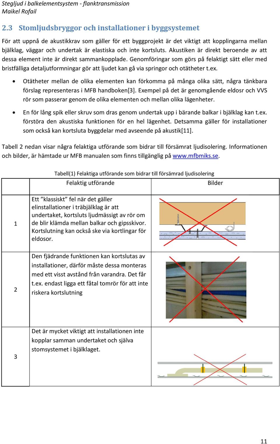 Genomföringar som görs på felaktigt sätt eller med bristfälliga detaljutformningar gör att ljudet kan gå via springor och otätheter t.ex.