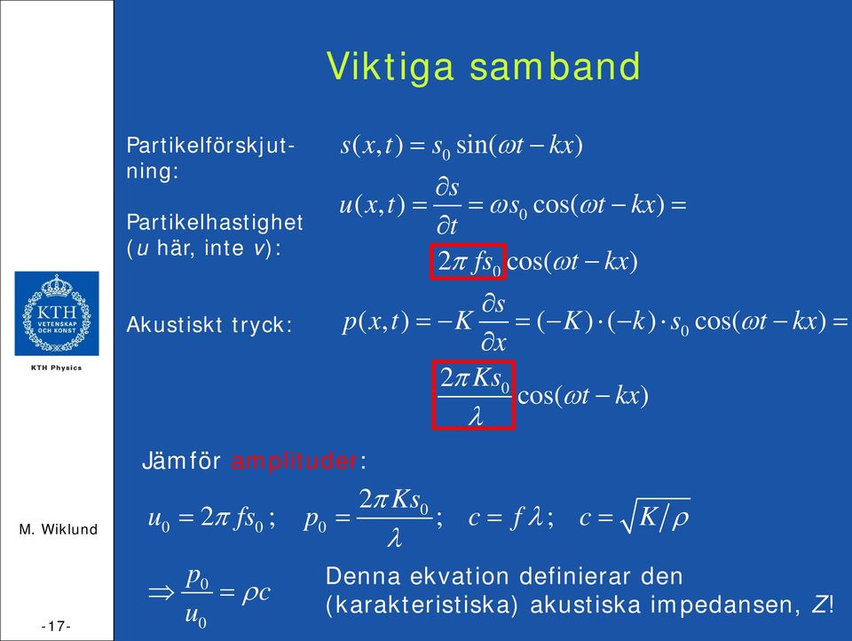 kx) 0 s p( x, t) = K = ( K) ( k) s0 cos( ωt kx) = x 2π Ks0 cos( ωt kx) λ 2π Ks0 u0 = 2 π fs0; p0 =