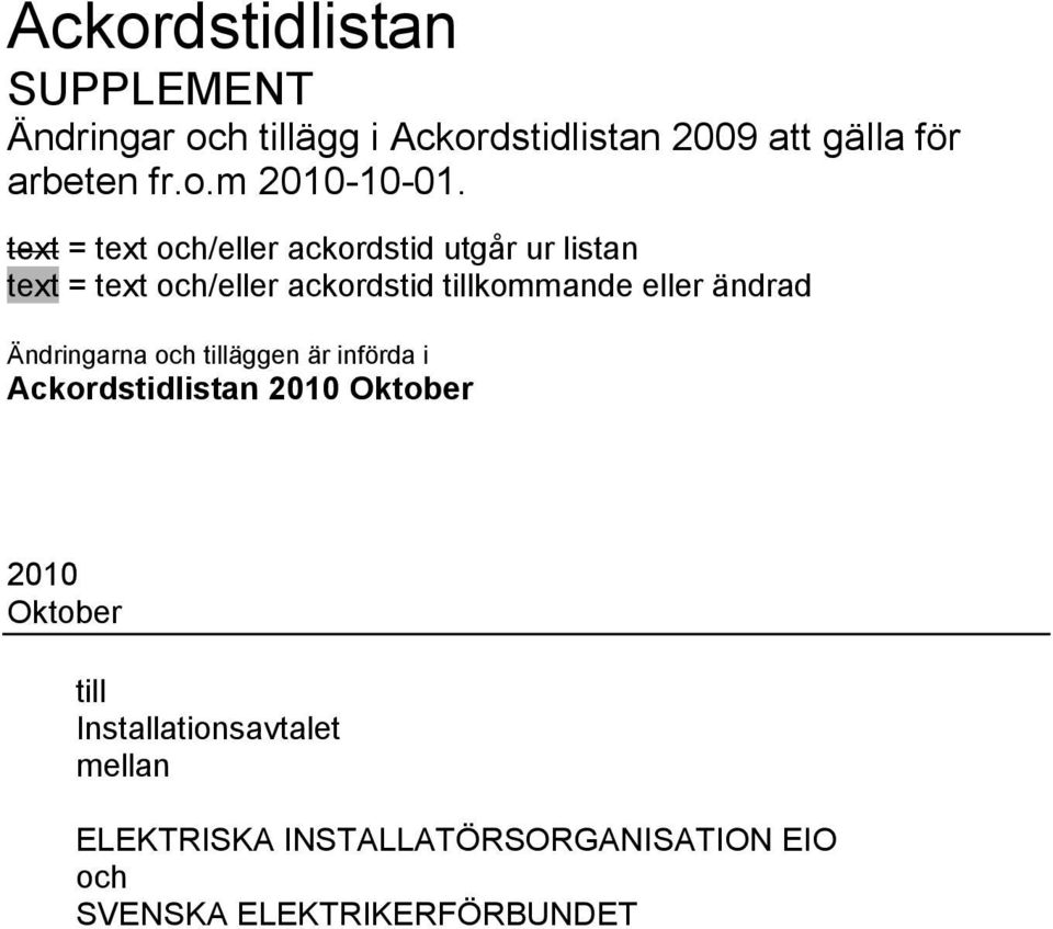 ändrad Ändringarna och tilläggen är införda i Ackordstidlistan 2010 Oktober 2010 Oktober till