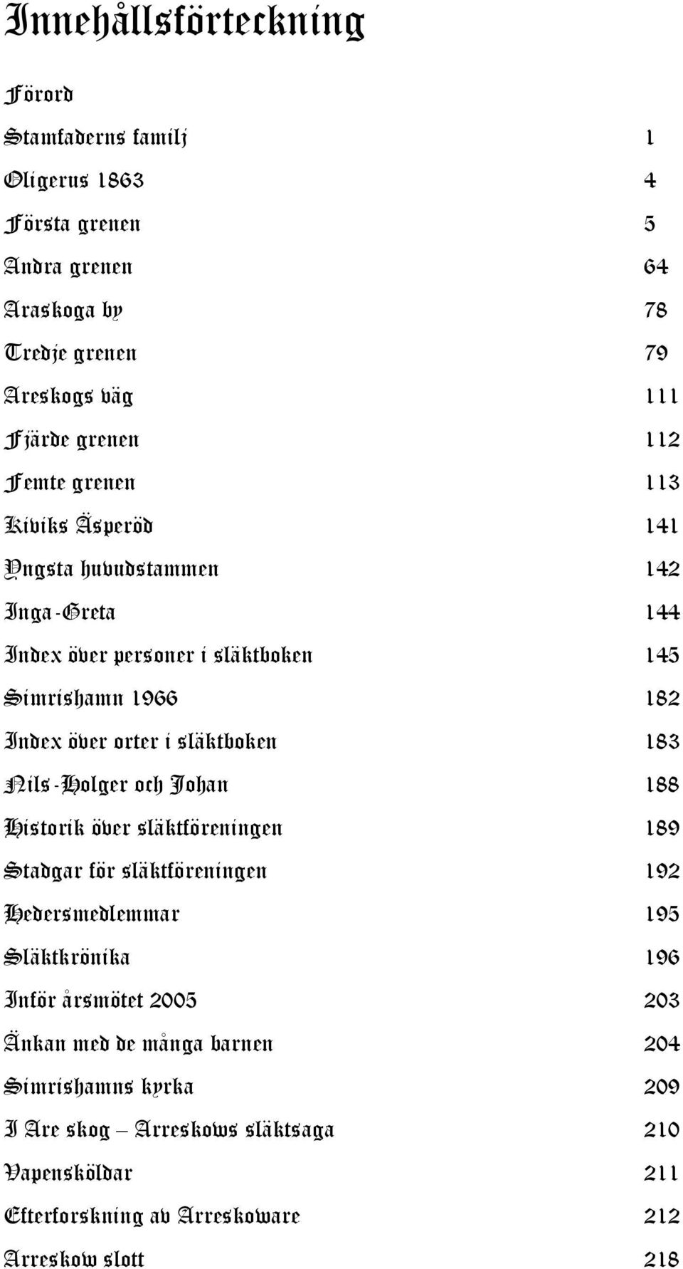 släktboken 183 Nils-Holger och Johan 188 Historik över släktföreningen 189 Stadgar för släktföreningen 192 Hedersmedlemmar 195 Släktkrönika 196 Inför årsmötet