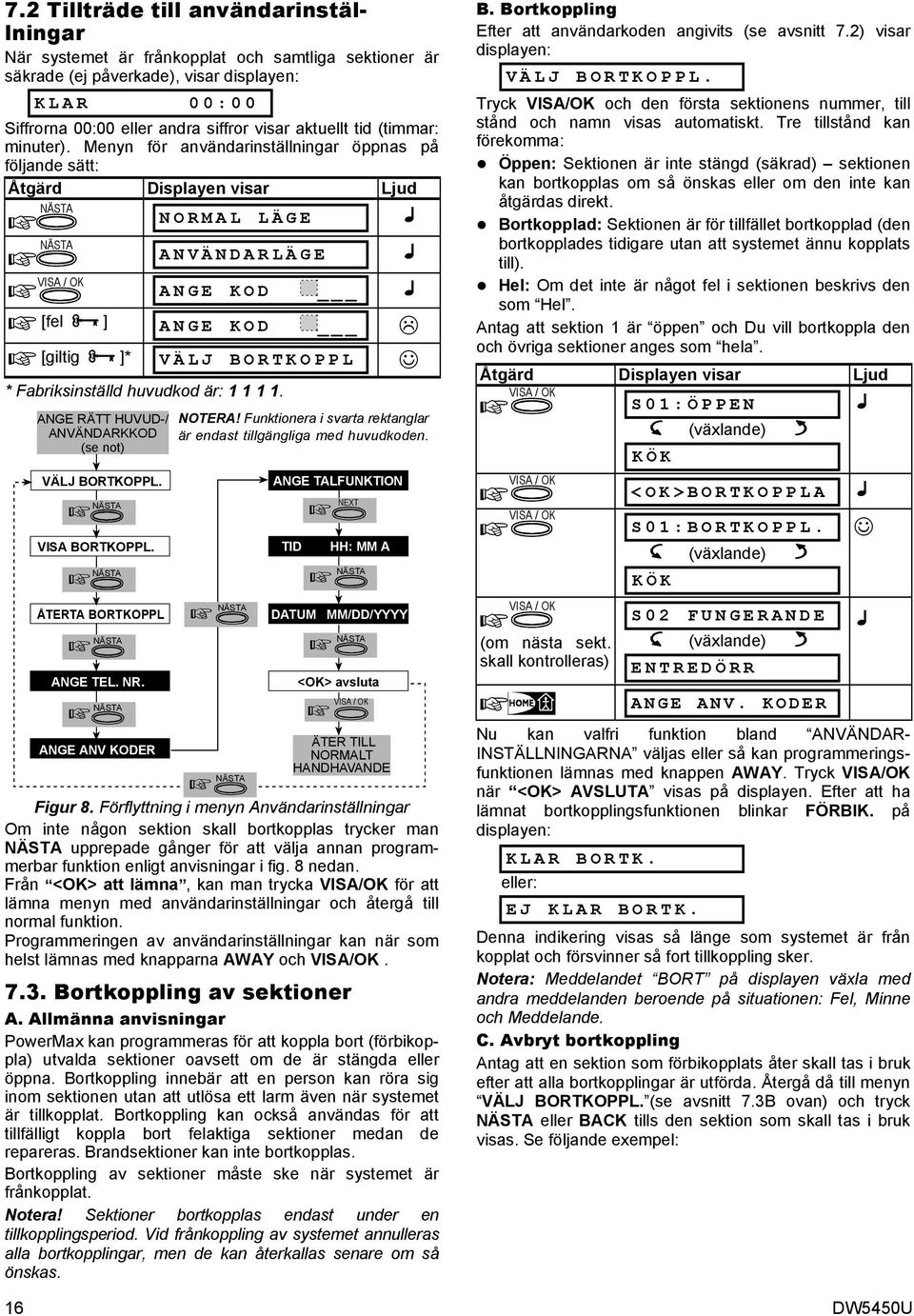 ANGE RÄTT HUVUD-/ ANVÄNDARKKOD (se not) VÄLJ BORTKOPPL. VISA BORTKOPPL. ÅTERTA BORTKOPPL ANGE TEL. NR. ANGE ANV KODER NOTERA! Funktionera i svarta rektanglar är endast tillgängliga med huvudkoden.