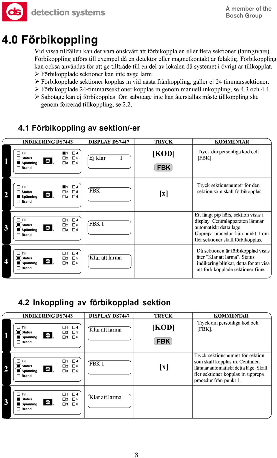 ! Förbikopplade sektioner kopplas in vid nästa frånkoppling, gäller ej timmarssektioner.! Förbikopplade -timmarssektioner kopplas in genom manuell inkoppling, se. och..! Sabotage kan ej förbikopplas.