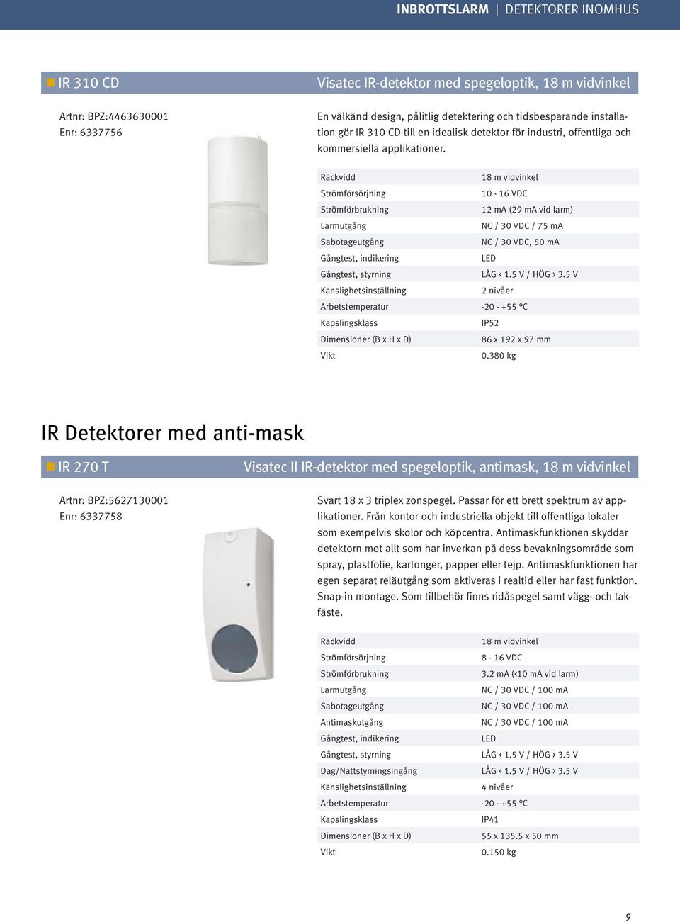 Räckvidd 18 m vidvinkel 10-16 VDC 12 ma (29 ma vid larm) Larmutgång NC / 30 VDC / 75 ma Sabotageutgång NC / 30 VDC, 50 ma Gångtest, indikering LED Gångtest, styrning LÅG < 1.5 V / HÖG > 3.