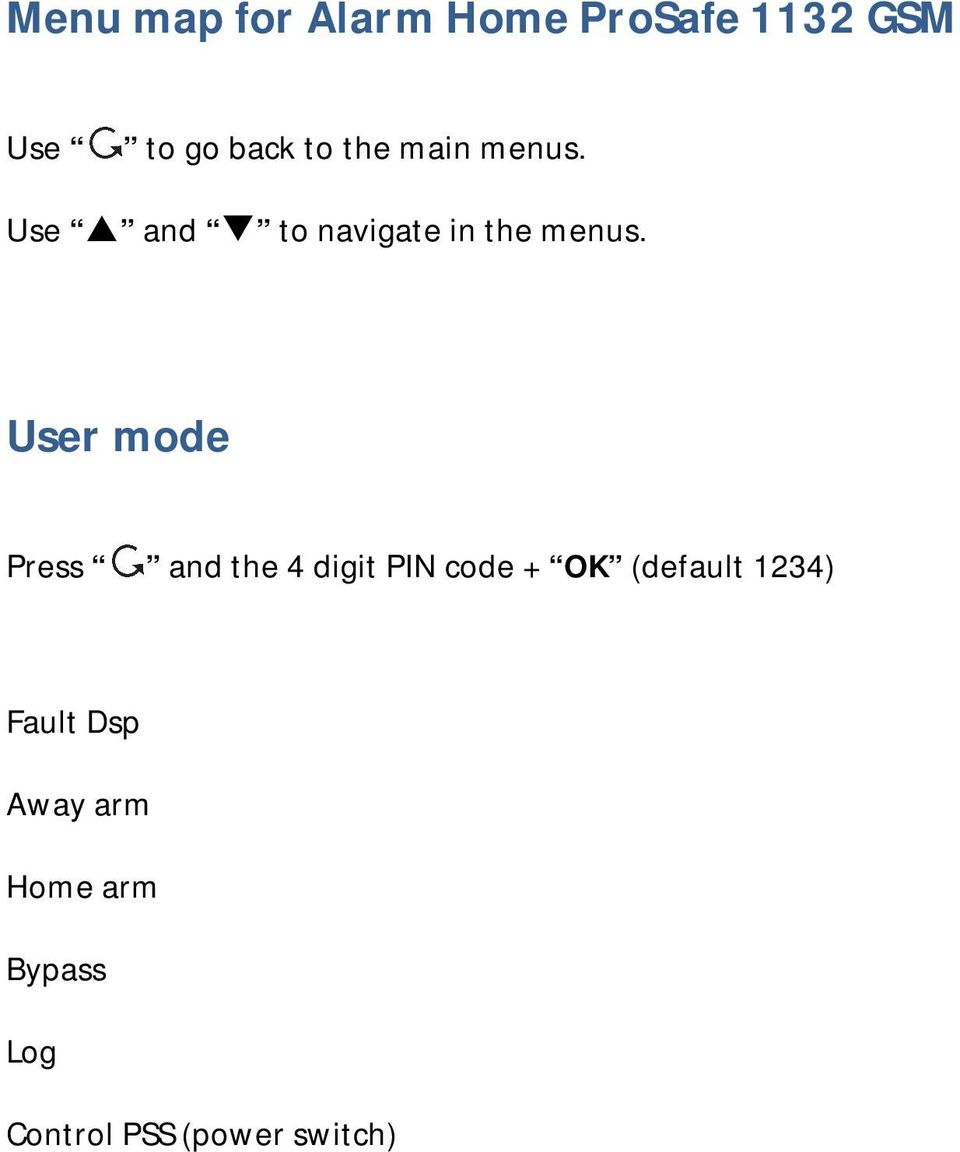 User mode Press and the 4 digit PIN code + OK (default