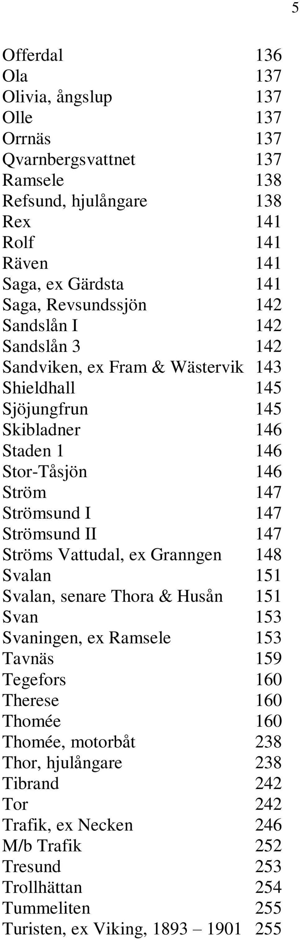 I 147 Strömsund II 147 Ströms Vattudal, ex Granngen 148 Svalan 151 Svalan, senare Thora & Husån 151 Svan 153 Svaningen, ex Ramsele 153 Tavnäs 159 Tegefors 160 Therese 160 Thomée