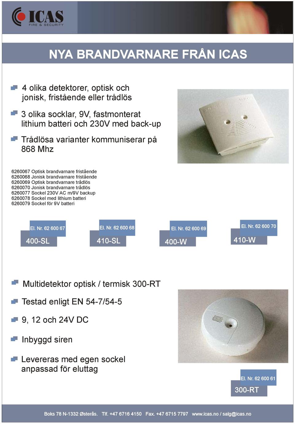 trådlös 6260077 Sockel 230V AC m/9v backup 6260078 Sockel med lithium batteri 6260079 Sockel för 9V batteri El. Nr. 62 600 67 400-SL El. Nr. 62 600 68 El. Nr. 62 600 69 410-SL 400-W 410-W El.